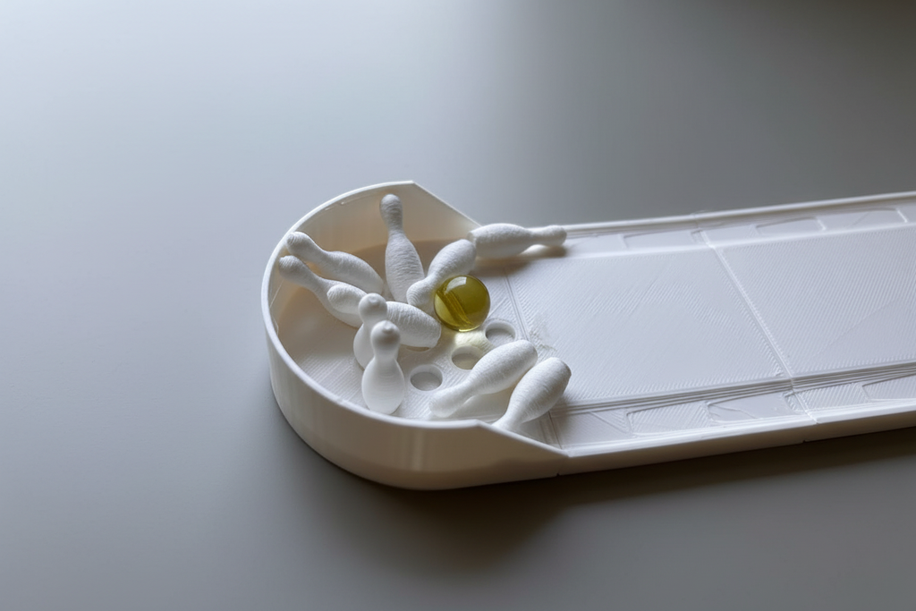 3D printed mini bowling alley pins close-up