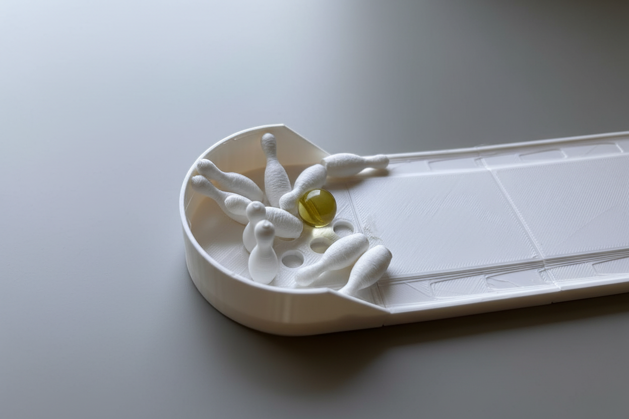 3D printed mini bowling alley pins close-up