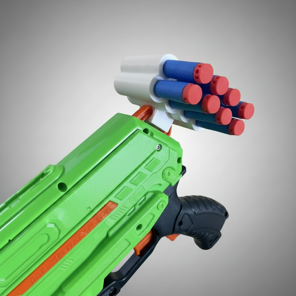 3D printed foam dart holder mounted on blaster